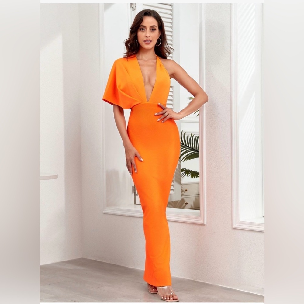 Shein-Plunge Neck One-Shoulder Orange Maxi Dress